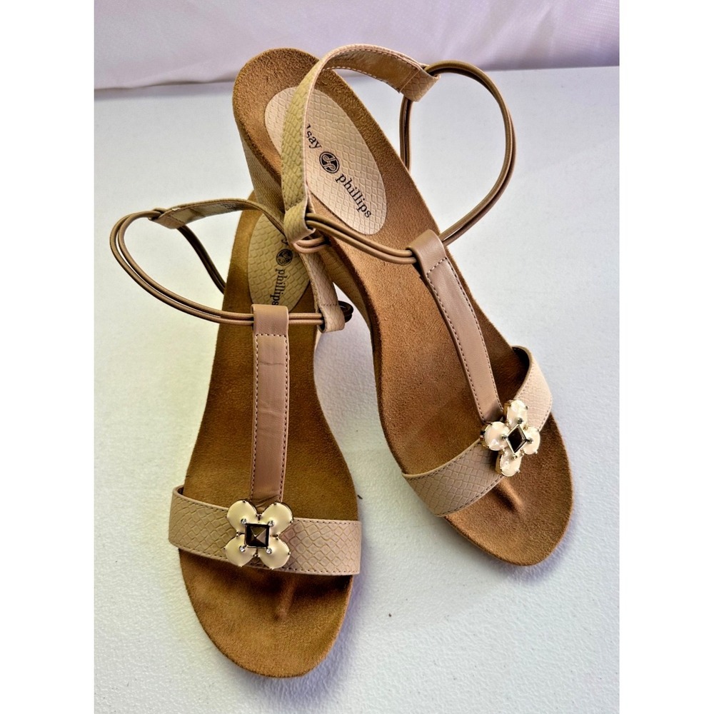 Lindsay Phillips 10M Megan‎ Interchangeable Snaps Shoes Wedge Tan Sandals 702203